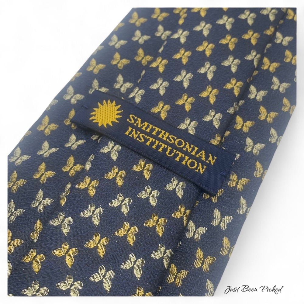 Smithsonian Institution Silk Tie Navy Blue Gold Silver Butterfly Print Necktie - Picture 3 of 3
